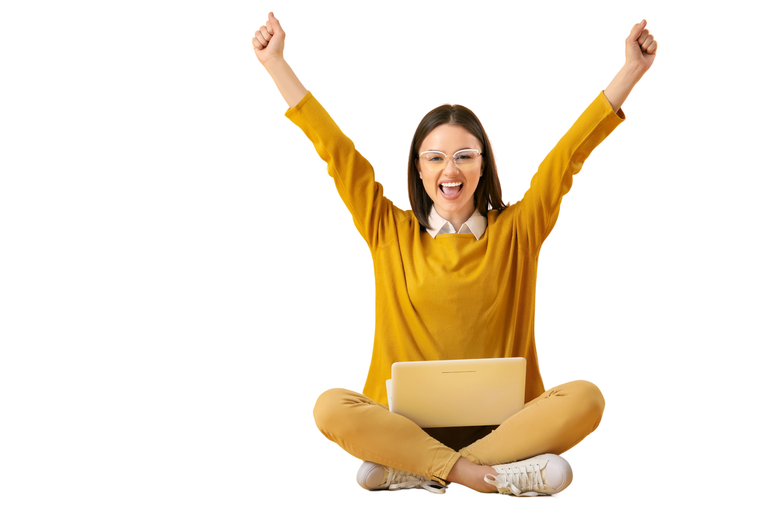 Happy Young Woman with Laptop on Yellow Background